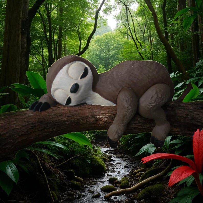 May include: A brown and white sloth sculpture rests on a tree branch in a green forest. The sloth has closed eyes, appearing to be asleep. The background includes a small stream and bright red flowers.