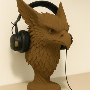 Puede incluir: Una escultura de cabeza de grifo marrón con auriculares negros. La escultura tiene texturas detalladas de plumas y una expresión severa. Los auriculares están colocados como si el grifo estuviera escuchando música. La escultura está sobre una superficie clara.