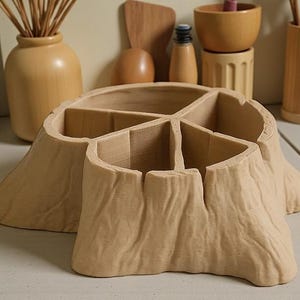 May include: A light brown, wooden organizer shaped like a tree stump, featuring four compartments. The organizer has a textured, bark-like exterior. Other wooden kitchen items are in the background, including a vase, bowls, and utensils.