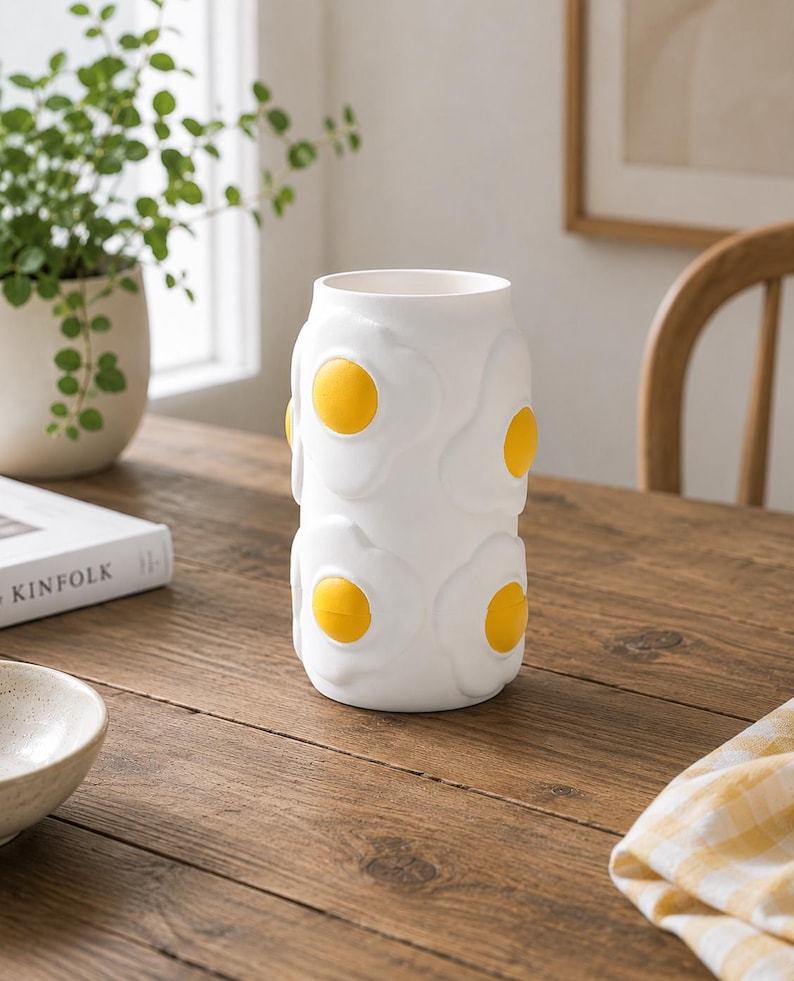 May include: White ceramic vase with a repeating pattern of yellow and white fried egg designs. The vase is cylindrical and sits on a wooden table. A small bowl and a plant in a pot are also visible.
