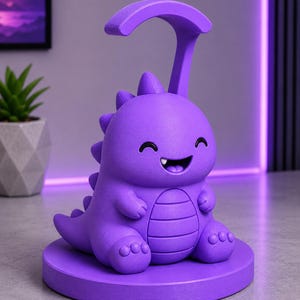 May include: A purple dinosaur-shaped desk lamp with a smiling face and a curved handle. The lamp sits on a round base and has a textured surface. The background includes a small potted plant and a purple-lit wall.