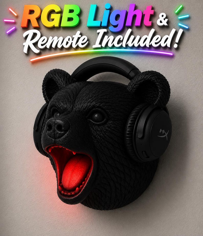 May include: Black bear head wall decor with RGB light and remote included. The bear is wearing black headphones and has a red illuminated mouth. Text above reads "RGB Light & Remote Included!"