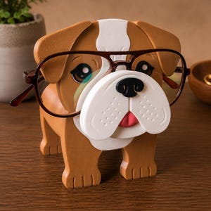 May include: A wooden bulldog-shaped glasses holder in shades of brown, white, and red. The bulldog has a white face, a red tongue, and is wearing brown-rimmed glasses. The holder is designed to hold eyeglasses and is placed on a wooden surface.