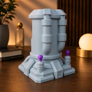 Op de afbeelding: Een lichtgrijze, geometrische sculptuur met cilindrische en rechthoekige elementen. Twee paarse knoppen bevinden zich op de basis. De sculptuur heeft een futuristisch, industrieel ontwerp en is waarschijnlijk een decoratief item.