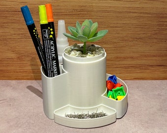 Rotating Modern Desk Organizer with Potted Succulent - Space-Saving Storage Solution