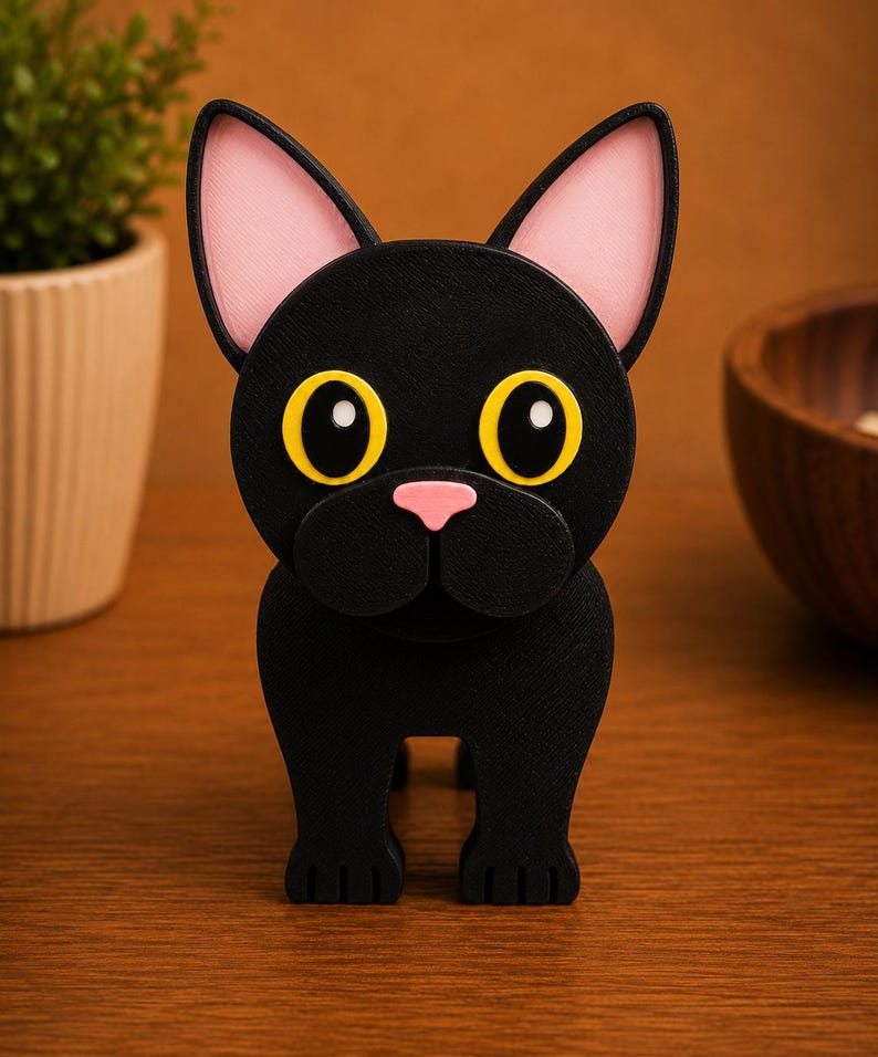 May include: A black cat figurine with large yellow eyes, pink inner ears, and a pink nose. The cat is standing upright with its front paws visible. The figurine is made of a matte black material and is set against a warm brown background.