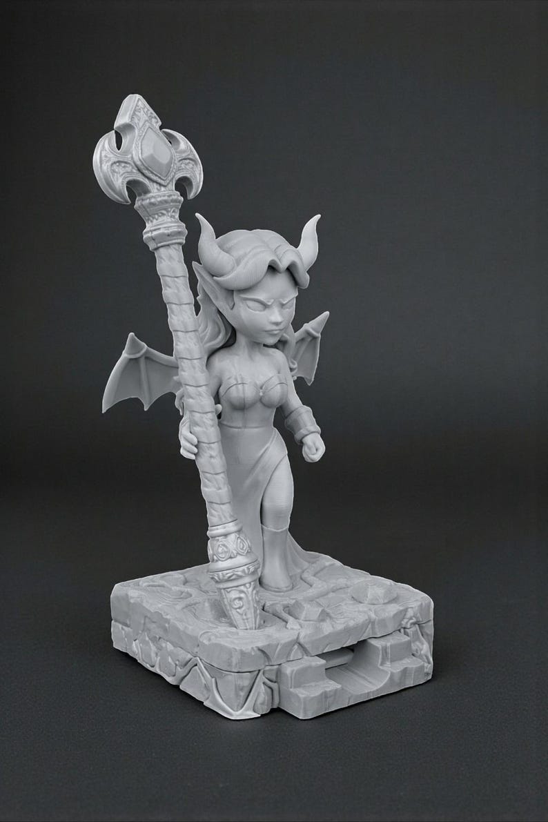 May include: A gray figurine of a female demon with horns, wings, and a staff. The figure stands on a stone base. The staff has a decorative top. The figurine is a fantasy-themed item.
