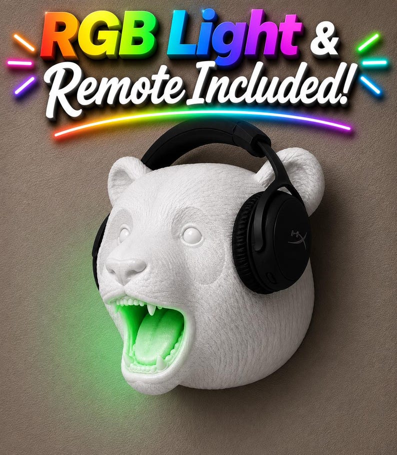 May include: White panda head wall mount with black headphones and a glowing green mouth. The text "RGB Light & Remote Included!" is displayed above the panda head in colorful letters.