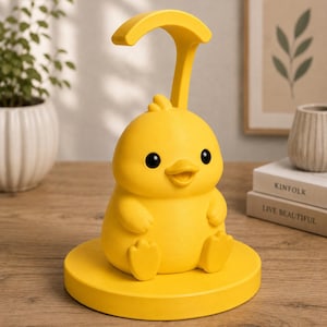 May include: A yellow chick-shaped desk lamp with a curved top and a round base. The lamp has black eyes and a smiling beak. The lamp is sitting on a wooden surface. The lamp is a decorative item.