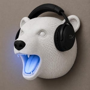 May include: White polar bear head sculpture with black headphones. The bear's mouth is open, revealing a blue light. The headphones have the HyperX logo on the earcups. The sculpture is mounted on a gray wall.