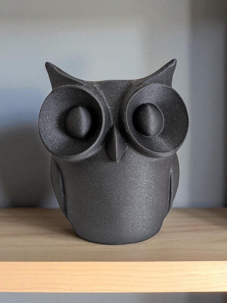 May include: A dark gray owl figurine with large, round eyes and pointed ear tufts. The owl is made of a textured material and sits on a wooden shelf. The figurine has a simple, modern design.