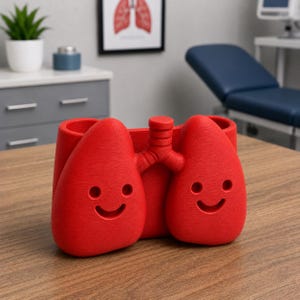 May include: A red, lung-shaped planter with a smiling face design. The planter is made of a textured material and is sitting on a wooden surface. The planter is a unique decorative item.
