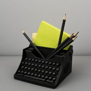 May include: A black desk organizer shaped like a vintage typewriter, holding yellow sticky notes and several black pencils. The organizer has a keyboard design with round keys and is made of a matte black material.