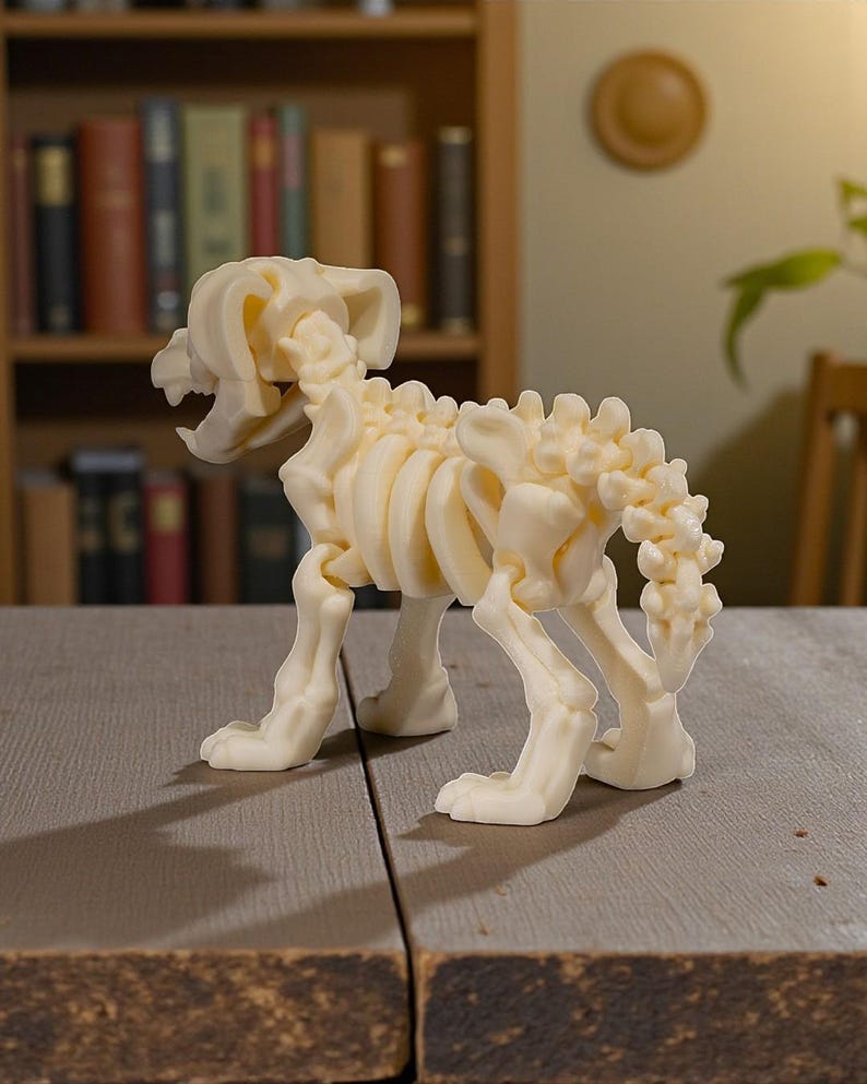 May include: A cream-colored, 3D-printed model of a canine skeleton. The model is posed in a standing position, with visible ribs, spine, and skull. The sculpture is displayed on a wooden table, with a bookshelf in the background.