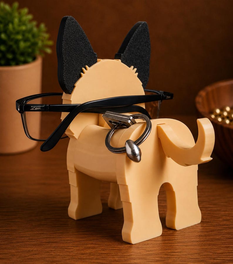 May include: A tan-colored dog-shaped eyeglasses and key holder with black ears. Black-framed eyeglasses rest on the dog's head, and a key ring hangs from the dog's body. The holder is made of a solid material.