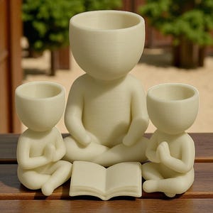 May include: A cream-colored, 3D-printed planter set featuring a meditating figure with two smaller figures and an open book. The figures have open-top heads for planting. The set is displayed on a wooden surface.