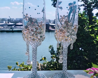 Élégantes coupes à champagne incrustées de diamants - Verres bling bling faits main - Lot de 2 - Parfaits pour les mariages