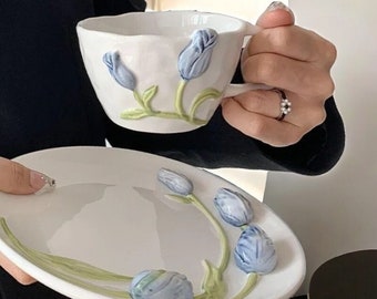 Ensemble de tasses en relief 3D tulipe - Tasses à café artisanales pour des matins confortables et des soirées relaxantes