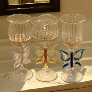 Colorful butterfly decorative glass champagne cup, handmade in Korean style. Modern home decor and beautiful dessert cup.