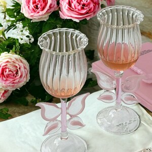 Colorful butterfly decorative glass champagne cup, handmade in Korean style. Modern home decor and beautiful dessert cup.