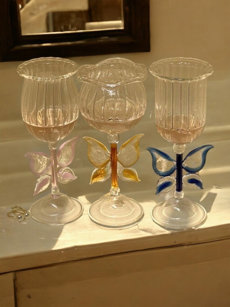 Colorful butterfly decorative glass champagne cup, handmade in Korean style. Modern home decor and beautiful dessert cup.