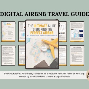 May include: A digital Airbnb travel guide displayed on multiple tablets. The central tablet features the title "The Ultimate Guide to Booking the Perfect Airbnb" with a map, a toy airplane, and a compass. The guide promises an instant download.