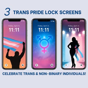 May include: Three smartphone lock screens with Trans Pride themes. Each screen displays the date and time, with unique graphics. One features a person holding a Trans Pride flag, another a gender symbol, and the last a silhouette with a flag.
