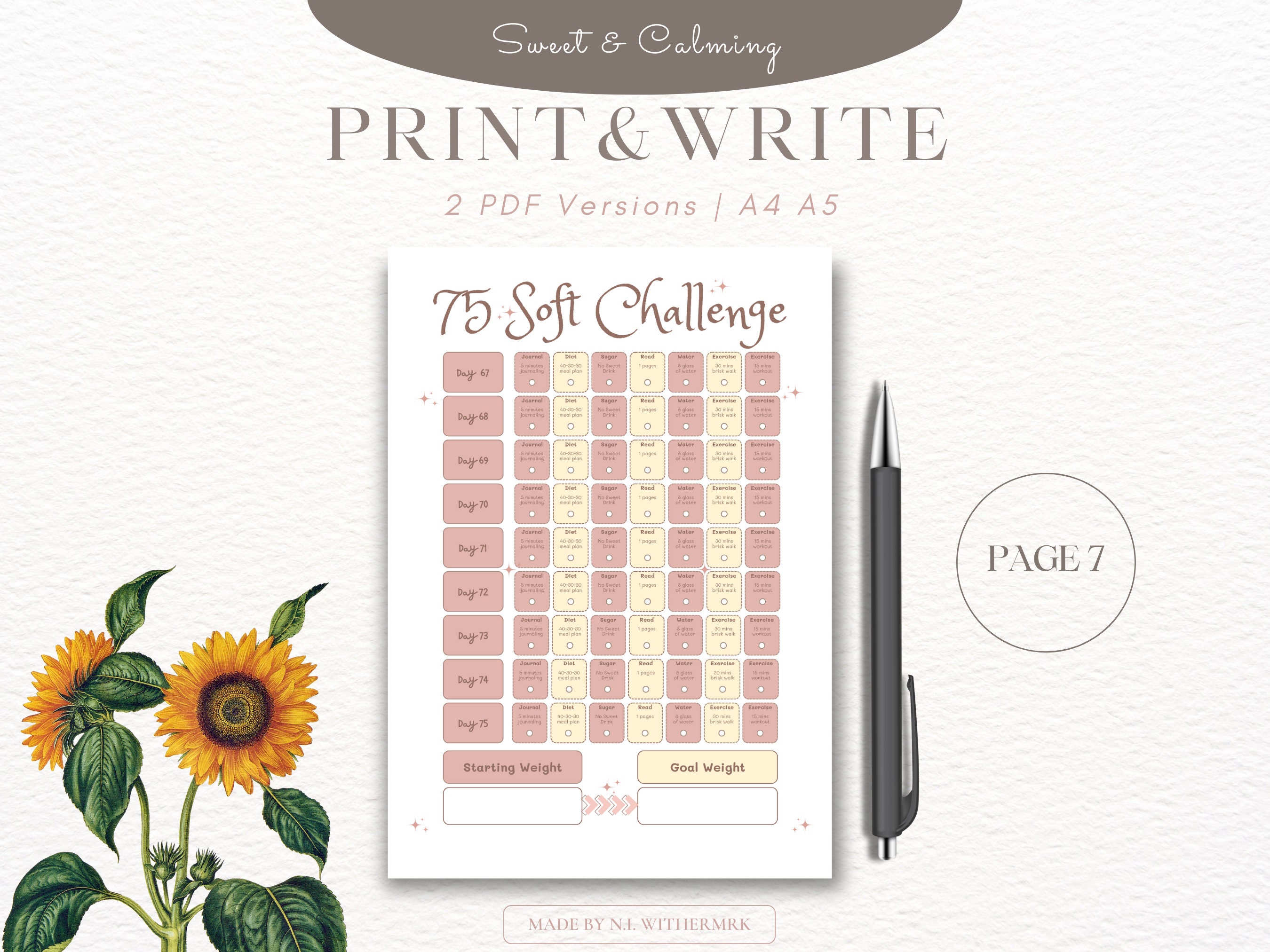 75 Day Soft Challenge Tracker Printable Potrait A4 &amp; A5 Sizes Instant Download PDF 75 Day ...