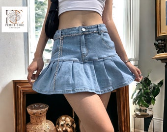 Mini Denim Skirt | Ladies Pleated Style | Fashionable Clothing Wear Outfit