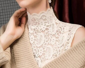 Women's Turtleneck Lace Vest | Sleeveless Floral Lace Blouse | Stand Collar Top