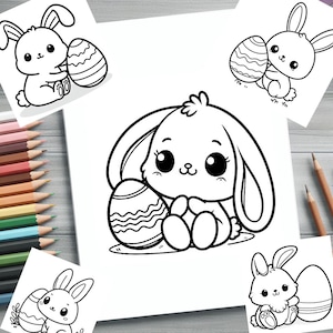 Puede incluir: Un dibujo en blanco y negro de un lindo conejito sosteniendo un huevo de Pascua. El conejito tiene ojos grandes y una nariz pequeña. El huevo está decorado con un patrón ondulado.