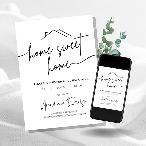 Housewarming Invitation - Editable Printable Text Modern Minimalist White and Black Moving to New Home Party Invite - Home Sweet Home
