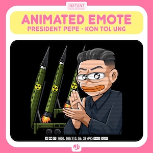 May include: Animated emote featuring a cartoon character resembling Kim Jong-un, wearing a black suit and a serious expression, with three green missiles behind him. The text "KON TOL UNG" is visible in the image.