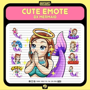 8x Mermaid Twitch Emote Pack – Cute Gamer Streamer Emotes for Twitch, Discord & YouTube