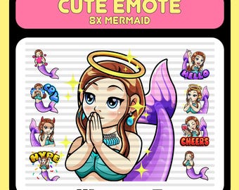Può includere: Set di otto emoticon digitali di sirene con diverse espressioni. Le emoticon mostrano una sirena dei cartoni animati con i capelli viola, un'aureola e una coda viola. Le emoticon includono il testo "Hello", "Cry", "Hype", "Cheers".