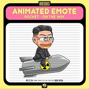 May include: Animated emote of a cartoon character riding a rocket with a nuclear symbol on the side. The character is wearing a black suit and has a surprised expression. The text "ANIMATED EMOTE" and "ROCKET - ON THE WAY" is displayed above the image.