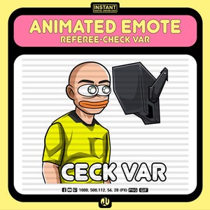 Puede incluir: Ilustración digital animada de un árbitro calvo con una expresión de sorpresa, mirando un monitor VAR en blanco y negro. El texto "CECK VAR" está escrito debajo del árbitro.