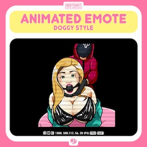 May include: Animated emote of a woman with blonde hair wearing a black bra and a green jacket. She is wearing a black gag and has a red masked figure behind her. The text "DOGGY STYLE" is above the image.