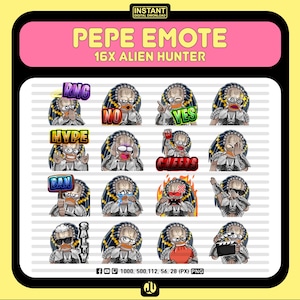 Könnte beinhalten: Ein Set mit 16 digitalen Illustrationen, die einen grünen Alien-Charakter in verschiedenen Posen und Ausdrücken zeigen. Der Charakter trägt einen Helm und hat eine grüne Hautfarbe. Die Illustrationen sind mit Texten wie "RNG", "NO", "YES", "HYPE", "BAN", "CHEERS" und "SALTY" beschriftet.