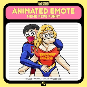 May include: Animated digital illustration of a cartoon superhero holding a woman in a superhero costume. The woman is wearing a red top with the text "DRAMA DESIGN STUDIO" on it. The superhero is wearing a blue suit with a red cape. The background is a pink and white grid.
