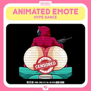 Puede incluir: Emoticono animado de una persona que lleva una sudadera con capucha roja y sostiene un arma. La persona está de espaldas al espectador y su trasero está censurado con un círculo rojo con la palabra "CENSORED" en blanco.