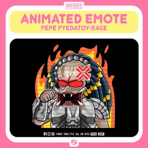 May include: Animated digital emote featuring a cartoon Predator character with red eyes and a red X over its face. The character is set against a background of orange flames.