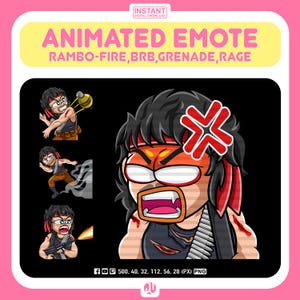 May include: Animated emote of a cartoon character with red hair and a red bandana, wearing a black tank top and a bandolier. The character has a red angry face with a large red X over the eyes. The character is in a rage.