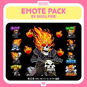 Op de afbeelding: Een set van acht geanimeerde emoticons met een schedel met vlammen en verschillende uitdrukkingen. De emoticons omvatten "BOT", "HYPE", "WTF", "NICE", "RAGE" en meer. De emoticons zijn ontworpen in een cartoon-stijl en perfect voor gebruik in online chat of sociale media.