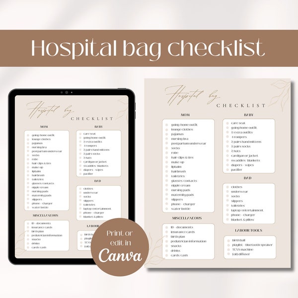 Complete hospital bag checklist for mom and dad pdf, minimalist hospital bag packing list essentials, postpartum outfit for hospital |Canva