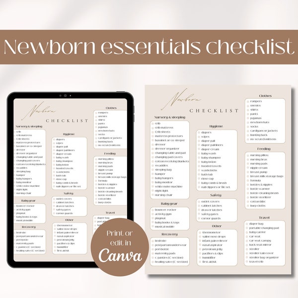 Newborn essentials checklist with newborn must haves, New parent baby essential items, Baby registry printable checklist | Editable in Canva