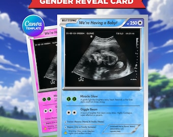 Baby Gender Reveal Trading Card Template, Cute Monster Theme Ultrasound Card, Digital Pregnancy Announcement for Moms, Tcg Canva Editable