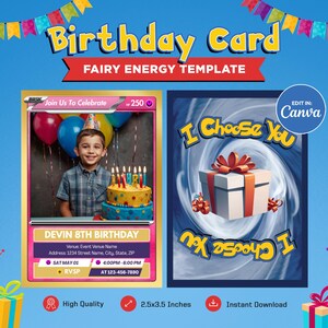 Birthday Invitation Card Template, Pokeman Fairy Themed Custom Card, Customizable Trading Card Canva, Personalized DIY Pokemone Tcg