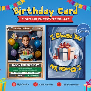 Birthday Invitation Card Template, Pokeman Fighting Themed Custom Card, Customizable Trading Card Canva, Personalized DIY Pokemone Tcg