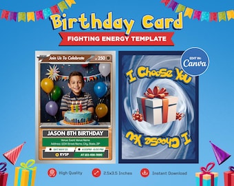 Birthday Invitation Card Template, Pokeman Fighting Themed Custom Card, Customizable Trading Card Canva, Personalized DIY Pokemone Tcg